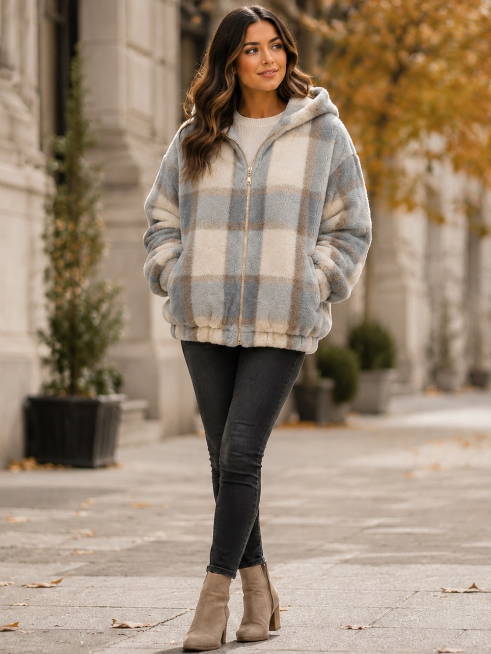 Plaid Plush Faux Fur Hooded Zip Jacket